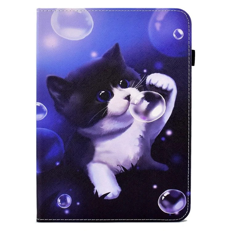 Pour iPad 10.9 (2022) PU Leather Folding Stand Cover Pattern Printing Elastic Band Tablet Case with Card Holder - Bubble and Cat