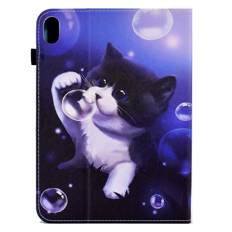 Pour iPad 10.9 (2022) PU Leather Folding Stand Cover Pattern Printing Elastic Band Tablet Case with Card Holder - Bubble and Cat