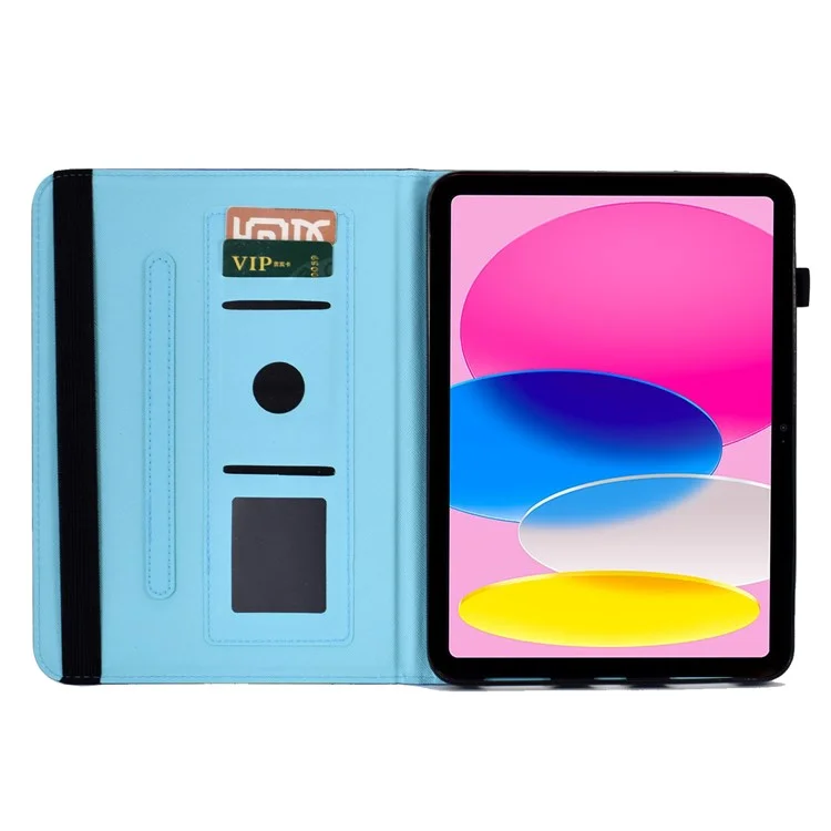 Pour iPad 10.9 (2022) PU Leather Folding Stand Cover Pattern Printing Elastic Band Tablet Case with Card Holder - Bubble and Cat