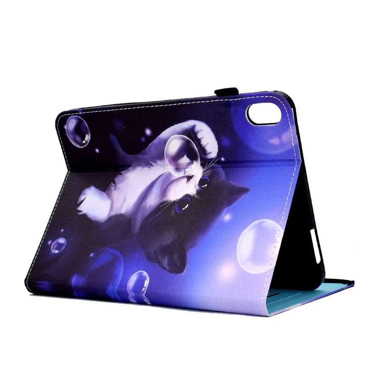 Pour iPad 10.9 (2022) PU Leather Folding Stand Cover Pattern Printing Elastic Band Tablet Case with Card Holder - Bubble and Cat