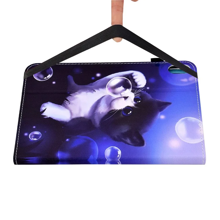 Pour iPad 10.9 (2022) PU Leather Folding Stand Cover Pattern Printing Elastic Band Tablet Case with Card Holder - Bubble and Cat