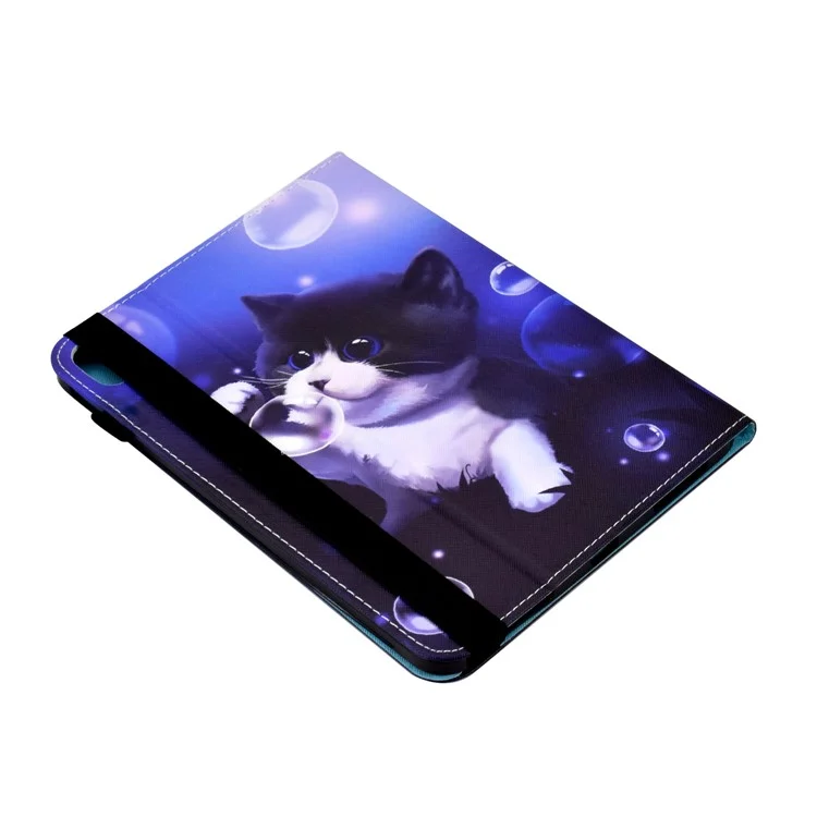 Pour iPad 10.9 (2022) PU Leather Folding Stand Cover Pattern Printing Elastic Band Tablet Case with Card Holder - Bubble and Cat