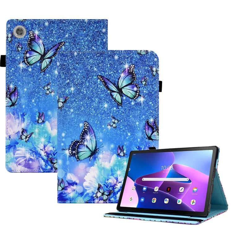 Per Lenovo Tab M10 Plus (3a Gen) Pattern Printing PU Leather Tablet Case Stand Elastic Band Cover with Card Slots - Flower and Butterfly