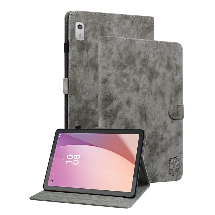 PU Leather Case for Lenovo Tab M9 Cute Tiger Pattern Tablet Protective Sleeve with Stand / Card Holder - Grey