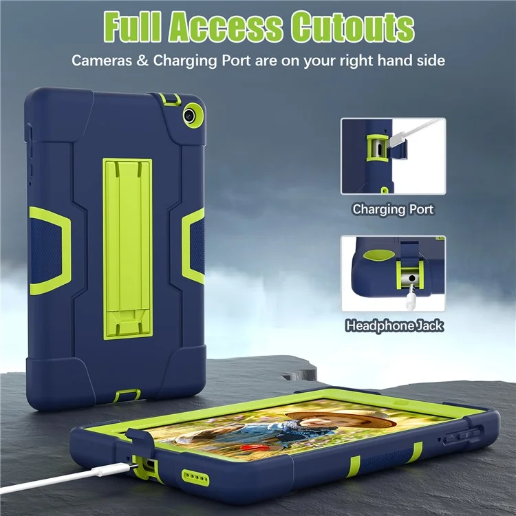 Für almart Onn 8" Tablet Gen 3 (2022) (Modell: 100071483) Kickstand-Hülle Robot Style Silikon + PC Farbkontrast-Cover - Navy Blau / Gelbgrün
