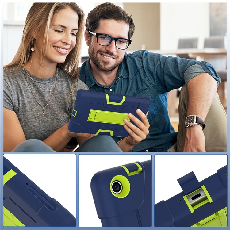 Für almart Onn 8" Tablet Gen 3 (2022) (Modell: 100071483) Kickstand-Hülle Robot Style Silikon + PC Farbkontrast-Cover - Navy Blau / Gelbgrün