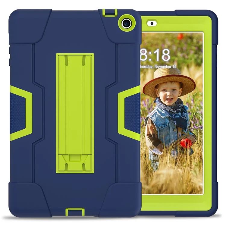 Für almart Onn 8" Tablet Gen 3 (2022) (Modell: 100071483) Kickstand-Hülle Robot Style Silikon + PC Farbkontrast-Cover - Navy Blau / Gelbgrün