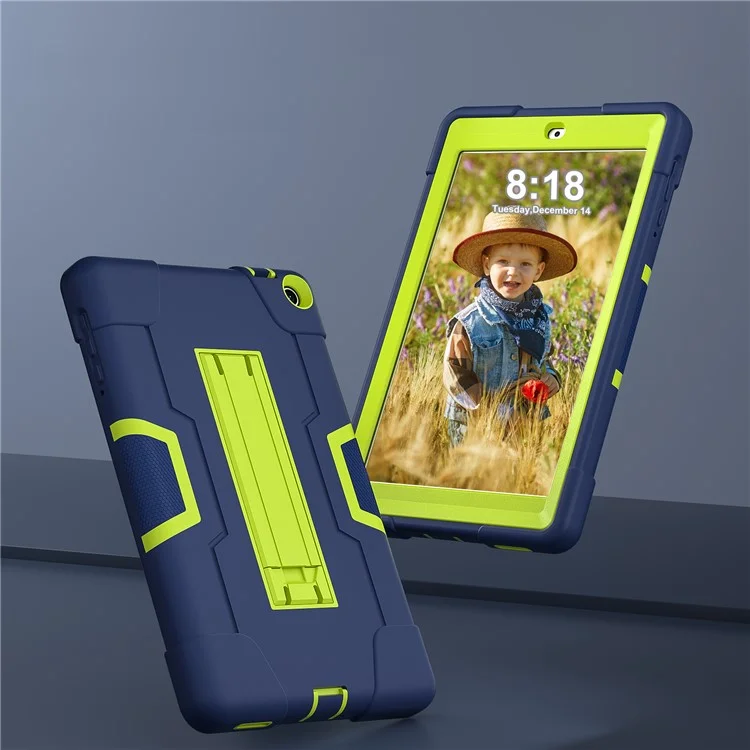 Für almart Onn 8" Tablet Gen 3 (2022) (Modell: 100071483) Kickstand-Hülle Robot Style Silikon + PC Farbkontrast-Cover - Navy Blau / Gelbgrün