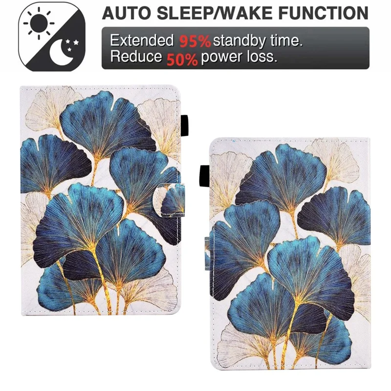 For 6.8-7.5 Inch Tablet Pattern Printing Stand Case Smart PU Leather Flip Cover with Card Slots - Leaf