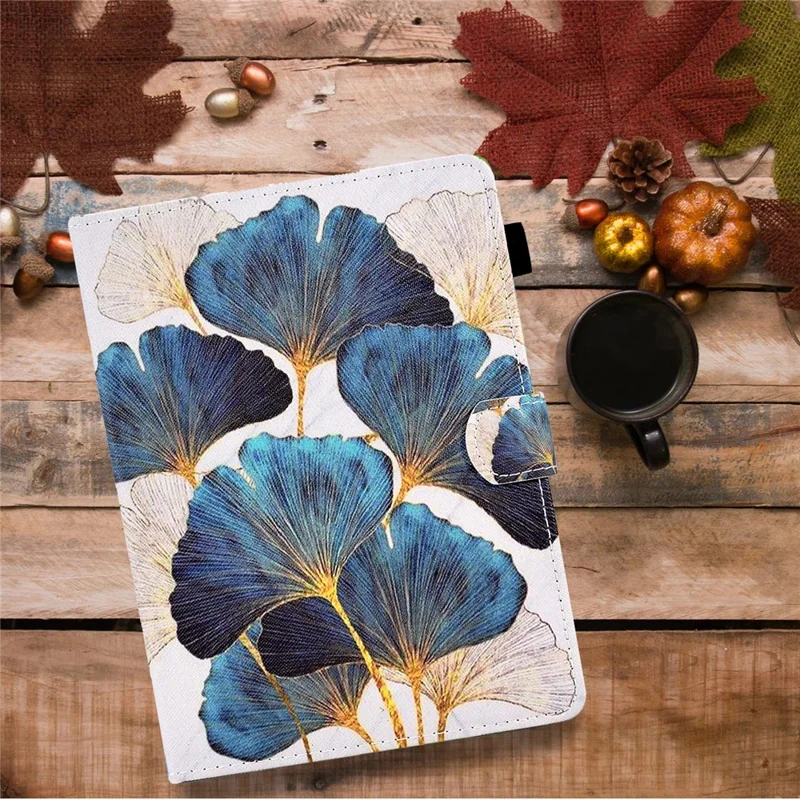 For 6.8-7.5 Inch Tablet Pattern Printing Stand Case Smart PU Leather Flip Cover with Card Slots - Leaf