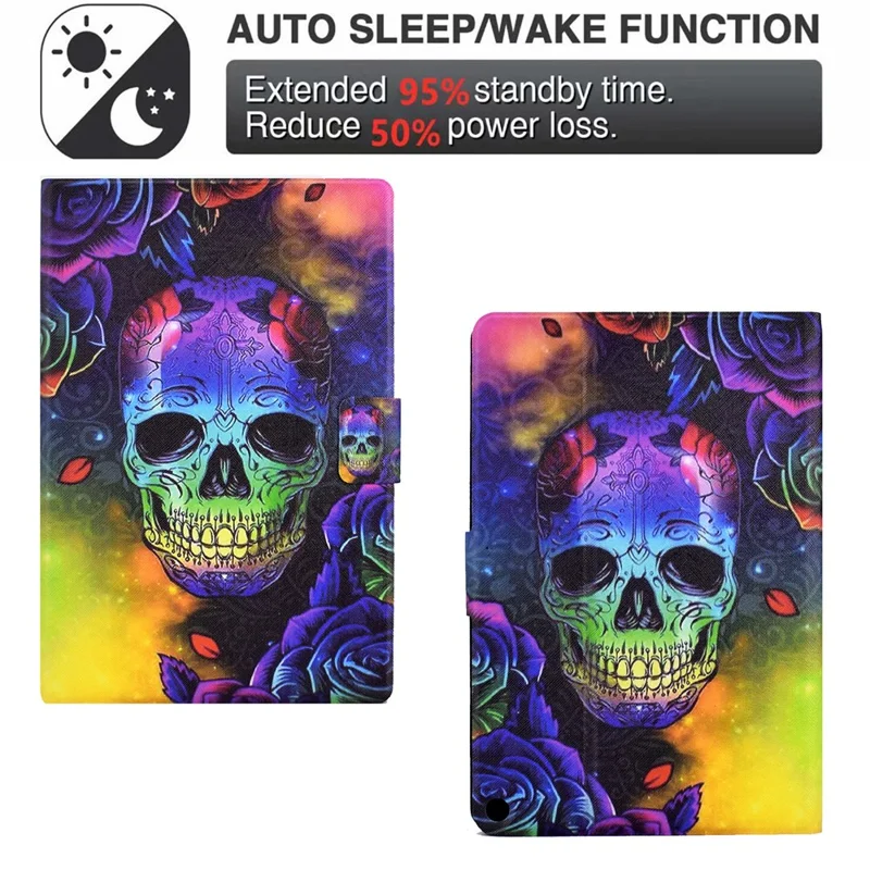 For Amazon Fire HD 10 (2021) / HD 10 Plus (2021) Leather Cover Pattern Printed Anti-Scratch Tablet Case with Card Slots - Skull