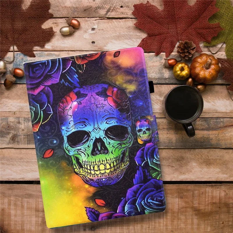 For Amazon Fire HD 10 (2021) / HD 10 Plus (2021) Leather Cover Pattern Printed Anti-Scratch Tablet Case with Card Slots - Skull
