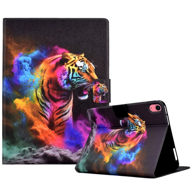 For iPad (2025) / 10.9 (2022) Shockproof Case Pattern Printed Leather Flip Cover Anti-Drop Tablet Case - Colorful Tiger