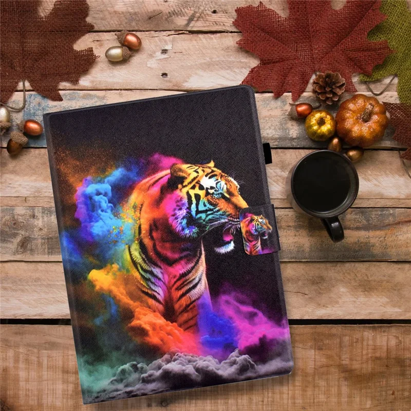 For iPad (2025) / 10.9 (2022) Shockproof Case Pattern Printed Leather Flip Cover Anti-Drop Tablet Case - Colorful Tiger