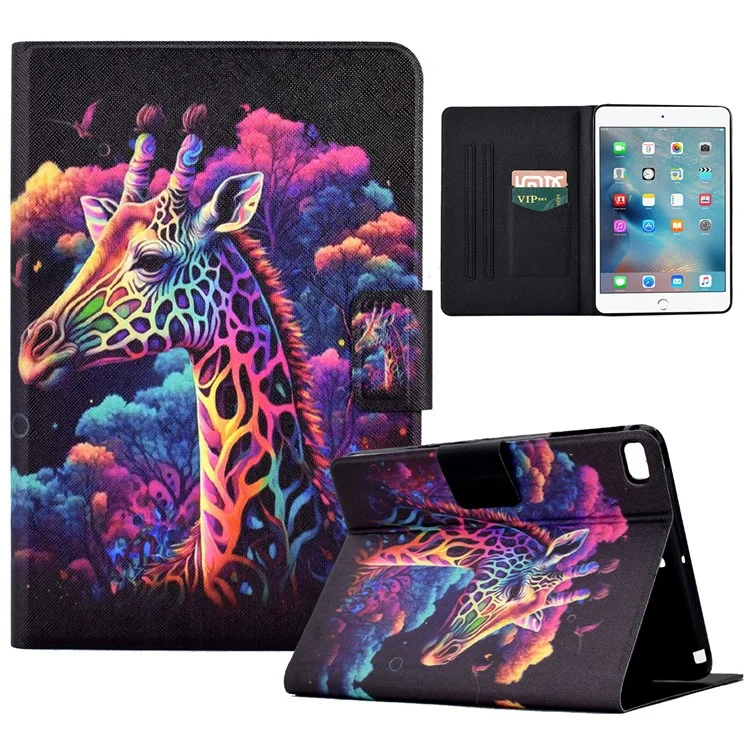 For iPad mini (2019) 7.9 inch / mini 4 / 3 / 2 / iPad mini Tablet Leather Case Pattern Printing Card Holder Stand Cover - Giraffe