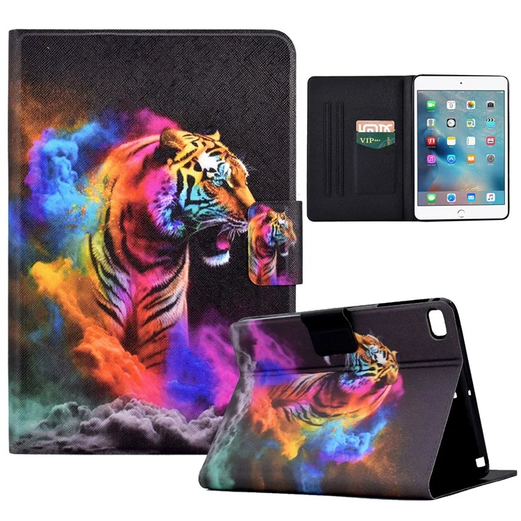 For iPad mini (2019) 7.9 inch / mini 4 / 3 / 2 / iPad mini Tablet Leather Case Pattern Printing Card Holder Stand Cover - Colorful Tiger