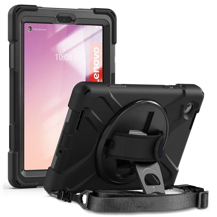 Para Lenovo Tab M8 (4ª Geração) 2024 TB-301XU / M8 (4ª Geração) 2023 TB-300FU Capa com Suporte Caso Tablet PC+Capa de Silicone com Alça - Preto