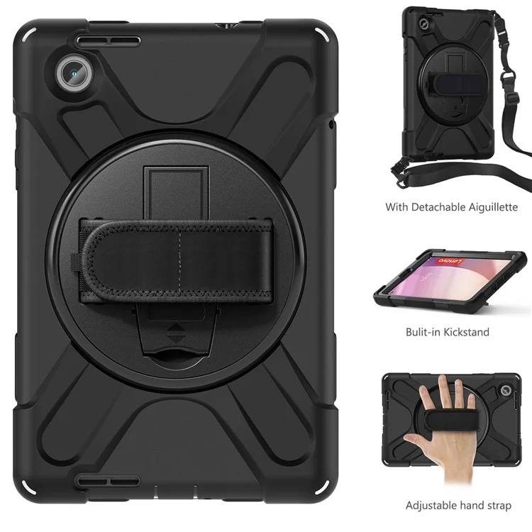 For Lenovo Tab M8 Gen 4 Shockproof Case Kickstand Tablet Case PC+Silicone Cover with Hand Strap  /  Shoulder Strap - Black