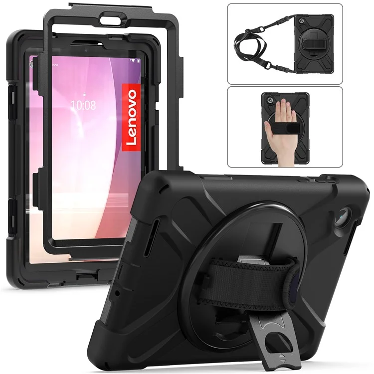 Para Lenovo Tab M8 (4ª Geração) 2024 TB-301XU / M8 (4ª Geração) 2023 TB-300FU Capa com Suporte Caso Tablet PC+Capa de Silicone com Alça - Preto