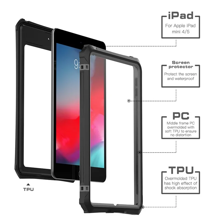 SHELLBOX Pour iPad mini 4 / mini (2019) 7,9 pouces Étui étanche IP68 Coque de protection antichoc anti-neige anti-poussière