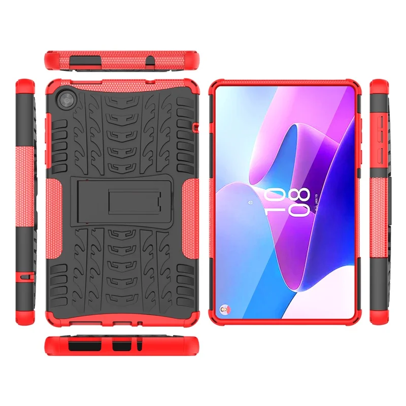 For Lenovo Tab M8 (4th Gen) 2024 TB-301XU / M8 (4th Gen) 2023 TB-300FU Kickstand Tablet Case Tire Texture TPU PC Cover - Red