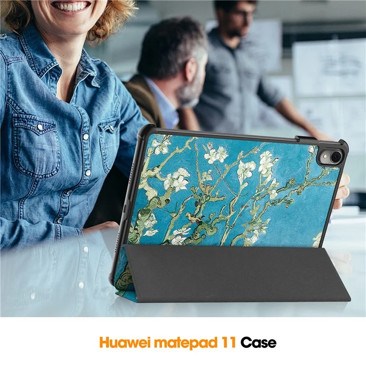 Para Huawei MatePad 11 (2023) Trifold Stand Tablet Case PU Leather Pattern Cover con Auto Wake / Sleep - Apricot Blossom