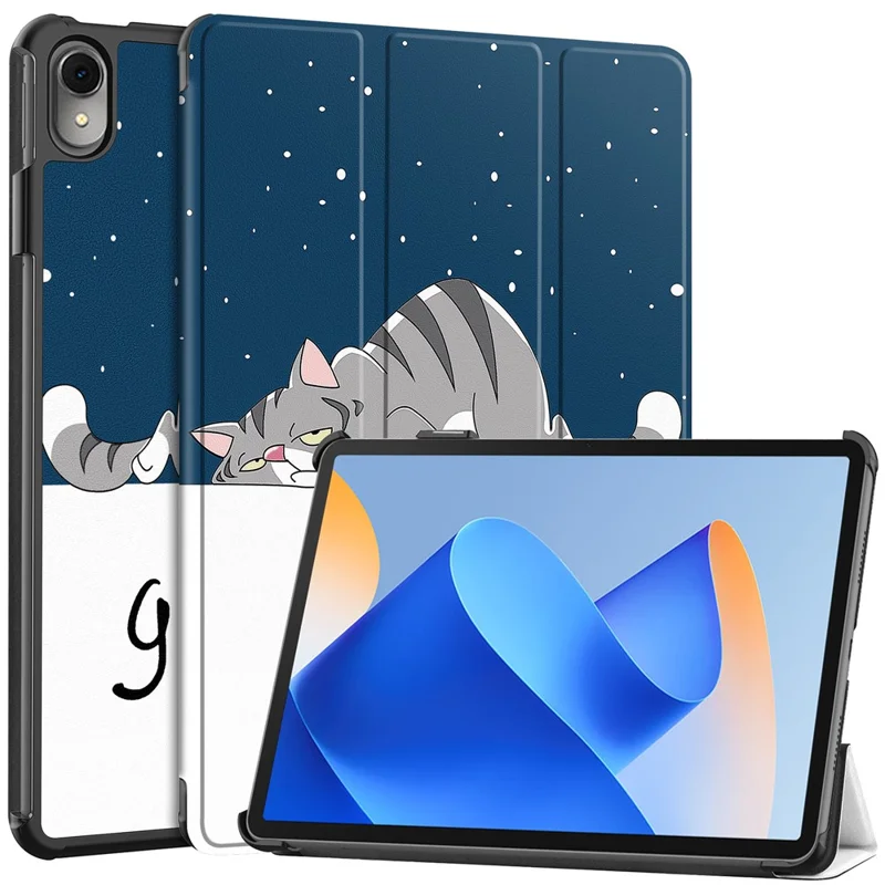 Etui trójsegmentowe z funkcją automatycznego wybudzania/uspawnienia, z tworzywa PC i skóry PU, z rysunkiem kota, do Huawei MatePad 11 (2023)