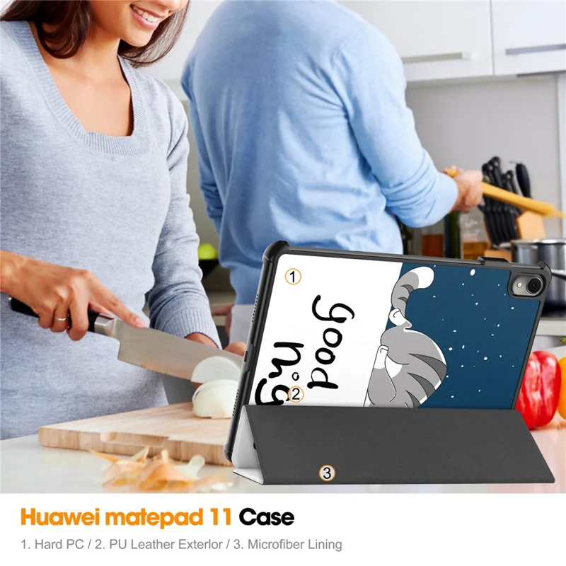 Etui trójsegmentowe z funkcją automatycznego wybudzania/uspawnienia, z tworzywa PC i skóry PU, z rysunkiem kota, do Huawei MatePad 11 (2023)