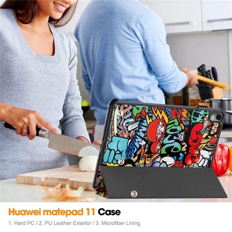 For Huawei MatePad 11 (2023) Trifold Stand Tablet Case PU Leather Pattern Cover with Auto Wake / Sleep - Graffiti
