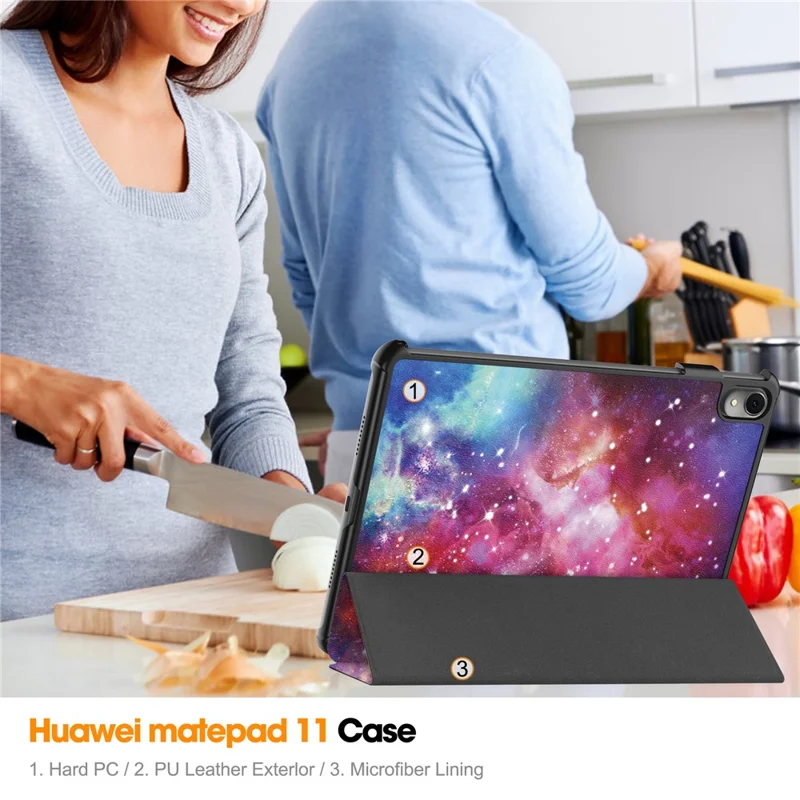 For Huawei MatePad 11 (2023) Trifold Stand Tablet Case PU Leather Pattern Cover with Auto Wake / Sleep - Galaxy