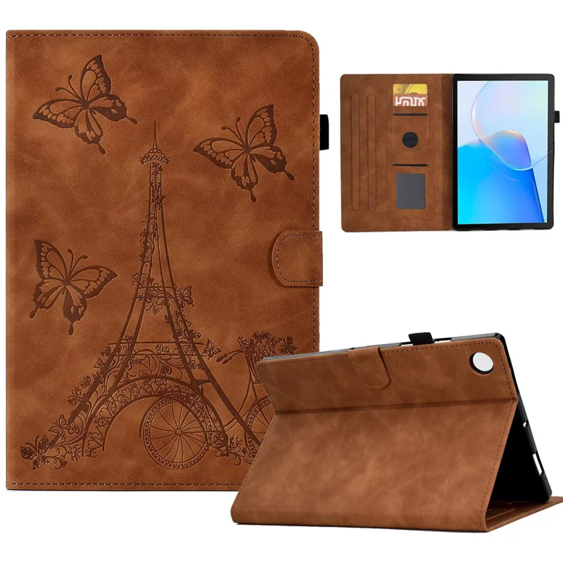 For Huawei MatePad SE 10.4-inch Protective Case Iron Tower Imprinted PU Leather Flip Stand Cover with Card Holder - Brown