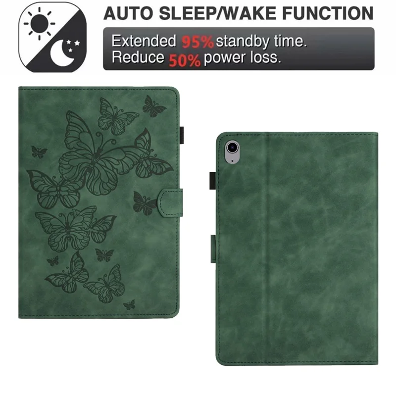 PU Leather Card Holder Tablet Case for iPad 10.9 (2022) , Imprinted Butterfly Tablet Stand Cover - Army Green