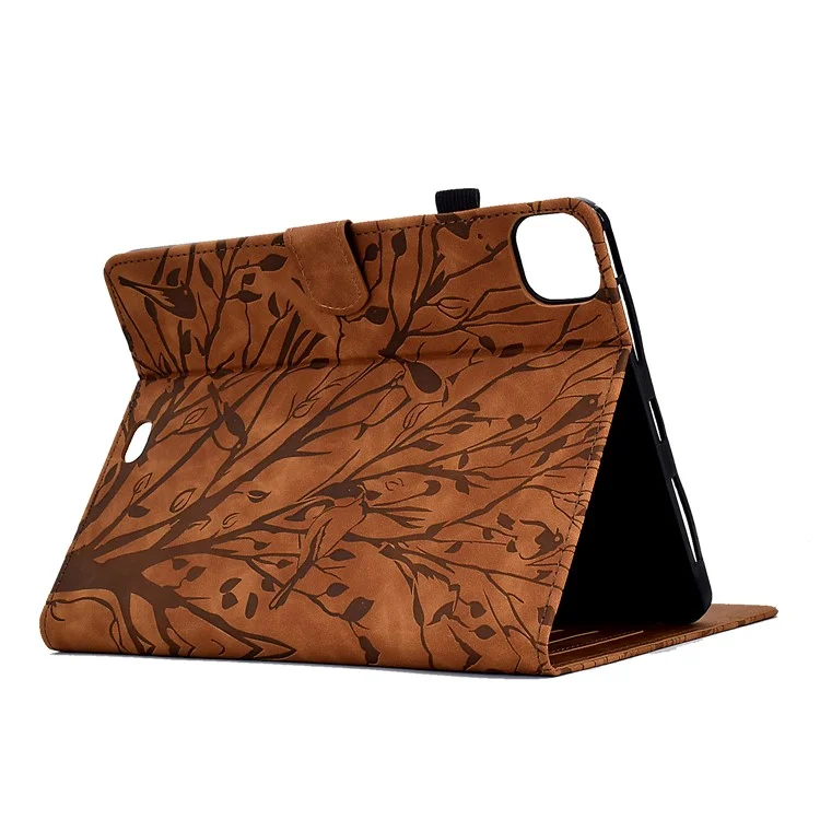 For iPad Pro 11 (2020) / (2021) / (2022) / iPad Air (2020) / (2022) Case Tree Imprinted Leather Tablet Cover with Card Slot - Brown