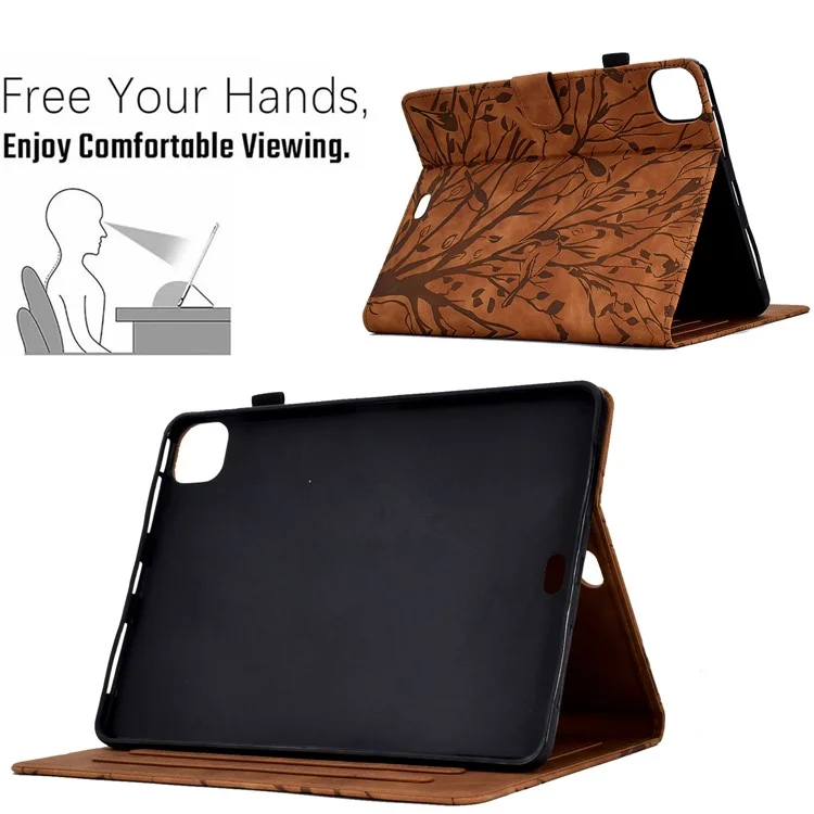 For iPad Pro 11 (2020) / (2021) / (2022) / iPad Air (2020) / (2022) Case Tree Imprinted Leather Tablet Cover with Card Slot - Brown