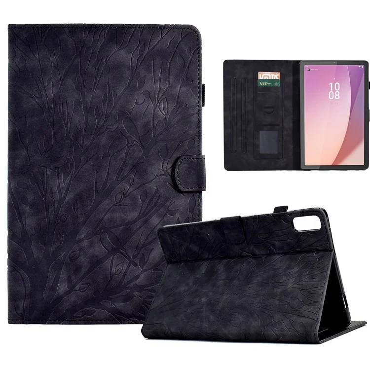 Custodia Protettiva in Pelle Improntata con Alberello per Lenovo Tab M9 TB-310FU Antiurto con Slot per Schede - Nero