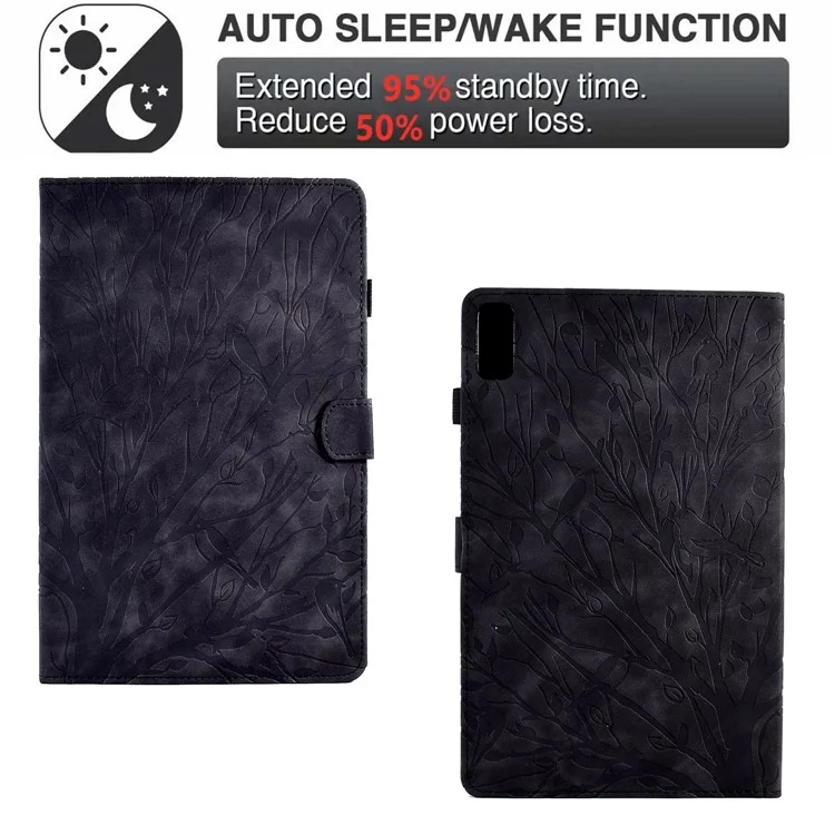 Custodia Protettiva in Pelle Improntata con Alberello per Lenovo Tab M9 TB-310FU Antiurto con Slot per Schede - Nero