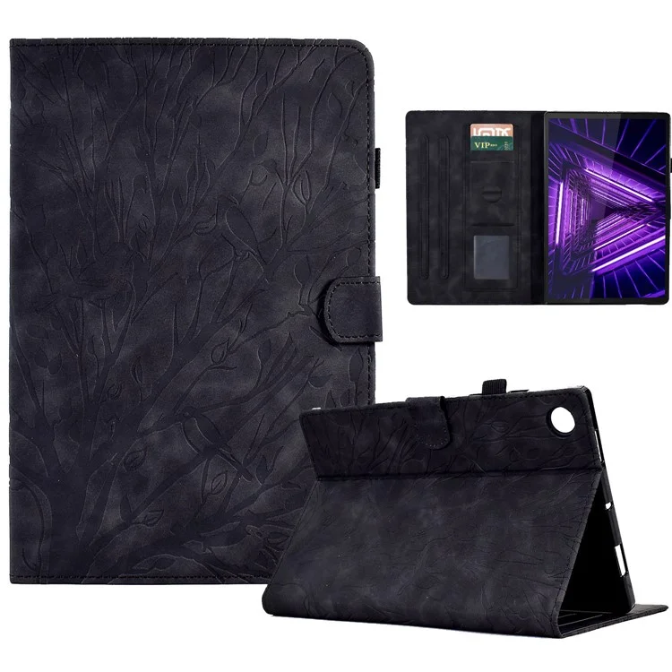 Custodia in pelle antiurto per Lenovo Tab M10 Plus TB-X606F, custodia per tablet con motivo a albero impresso e slot per schede - Nero