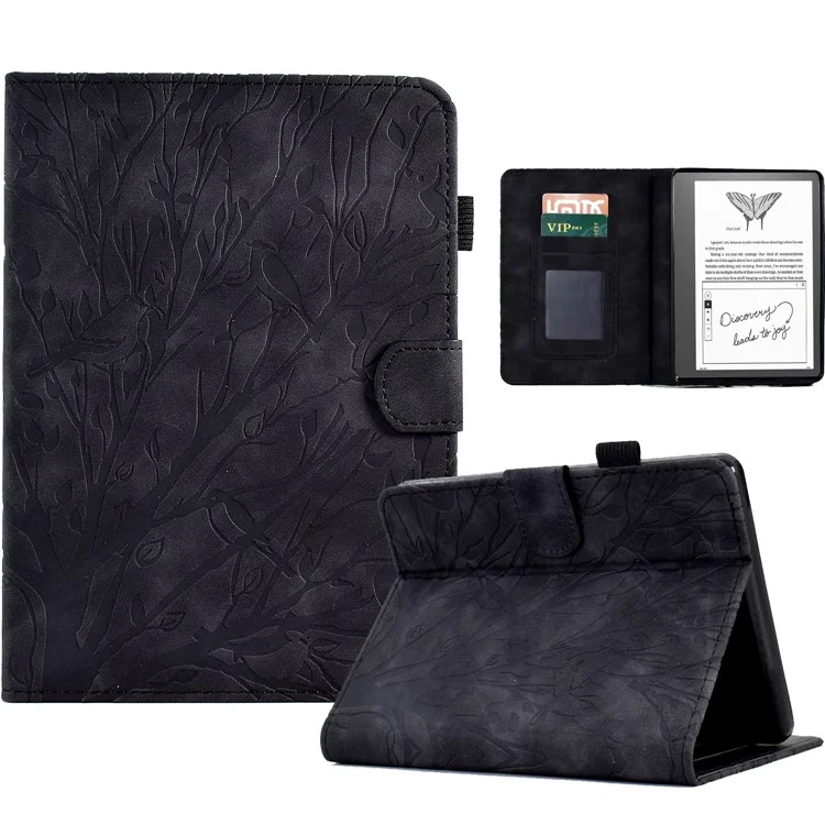 For Amazon Kindle 6" (2022) Leather E-Reader Case Imprinted Tree Stand Card Holder Cover - Black