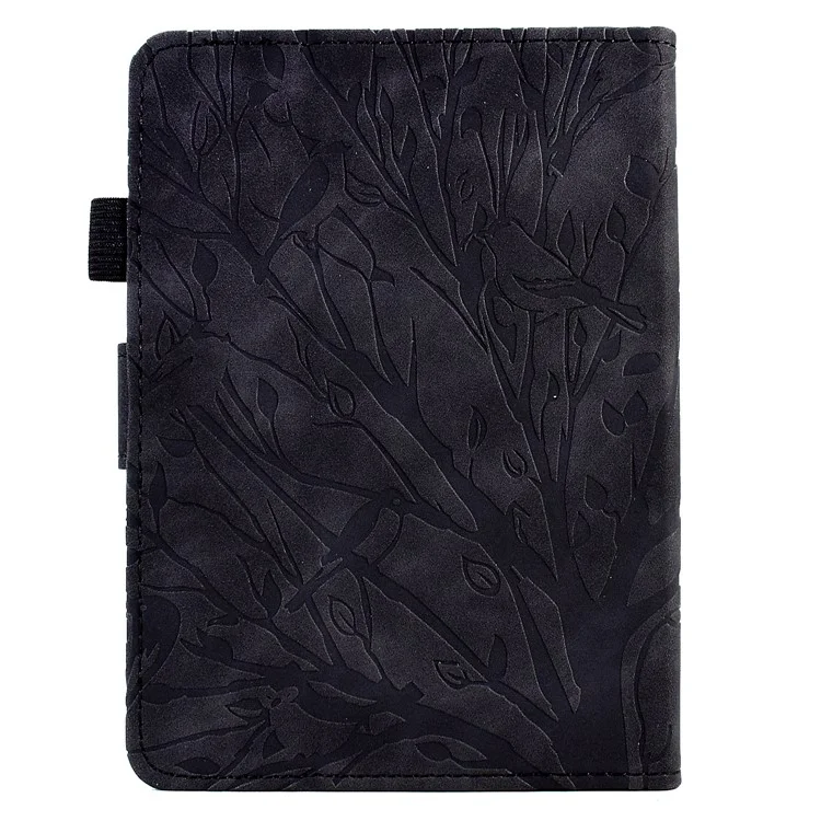 For Amazon Kindle 6" (2022) Leather E-Reader Case Imprinted Tree Stand Card Holder Cover - Black