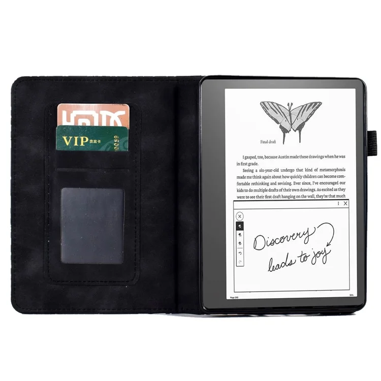 For Amazon Kindle 6" (2022) Leather E-Reader Case Imprinted Tree Stand Card Holder Cover - Black