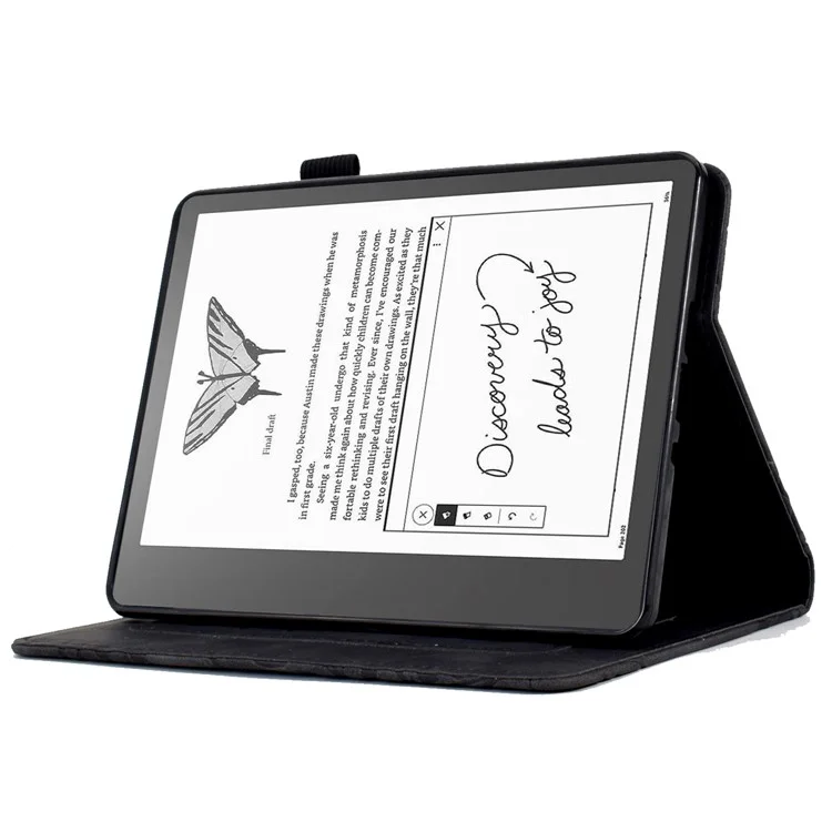 For Amazon Kindle 6" (2022) Leather E-Reader Case Imprinted Tree Stand Card Holder Cover - Black