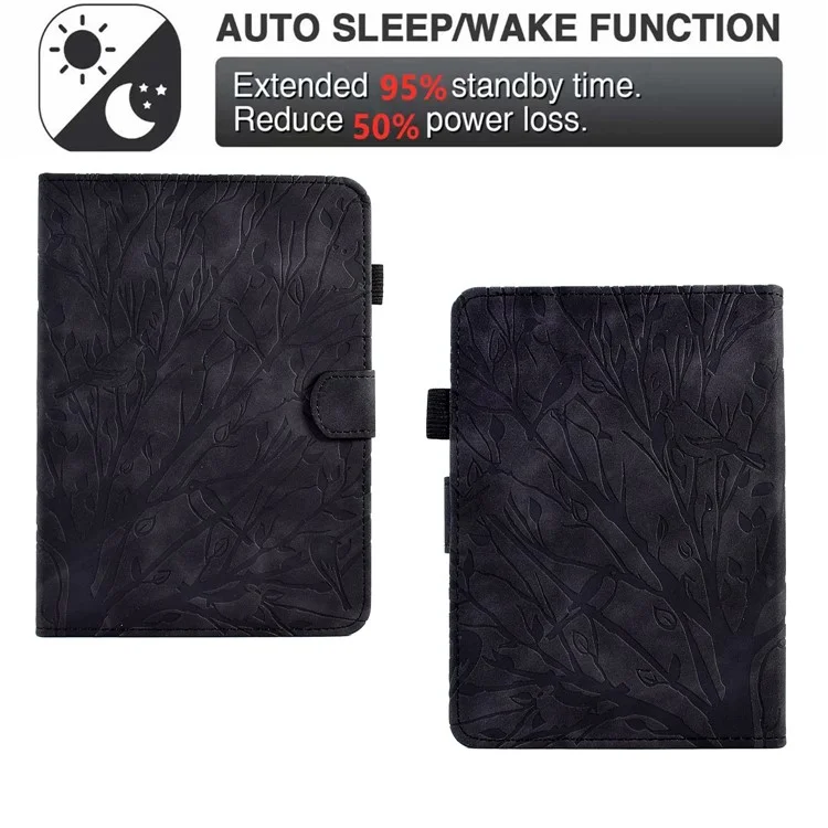 For Amazon Kindle 6" (2022) Leather E-Reader Case Imprinted Tree Stand Card Holder Cover - Black