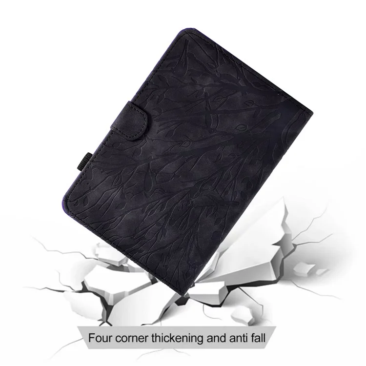 For Amazon Kindle 6" (2022) Leather E-Reader Case Imprinted Tree Stand Card Holder Cover - Black
