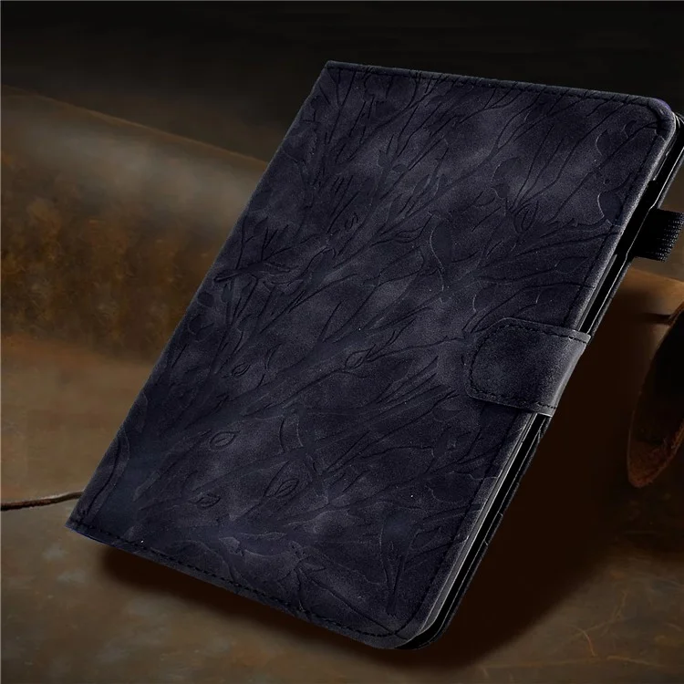 For Amazon Kindle 6" (2022) Leather E-Reader Case Imprinted Tree Stand Card Holder Cover - Black