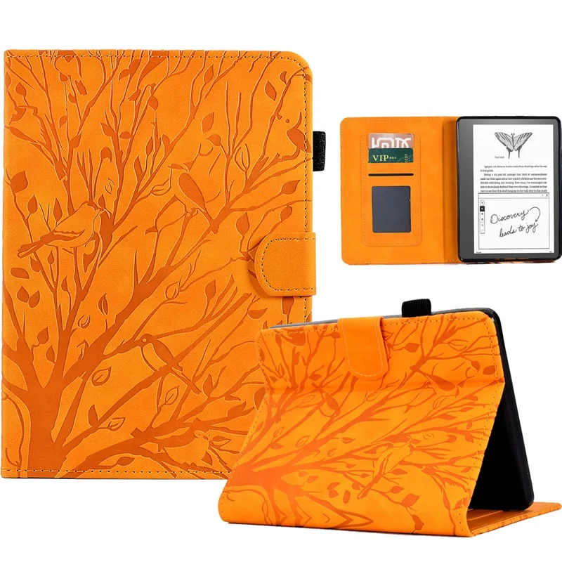 Funda de cuero para Amazon Kindle 11.ª (2024) / 6'' (2022), funda con estampado de árbol, soporte, ranura para tarjetas - Khaki