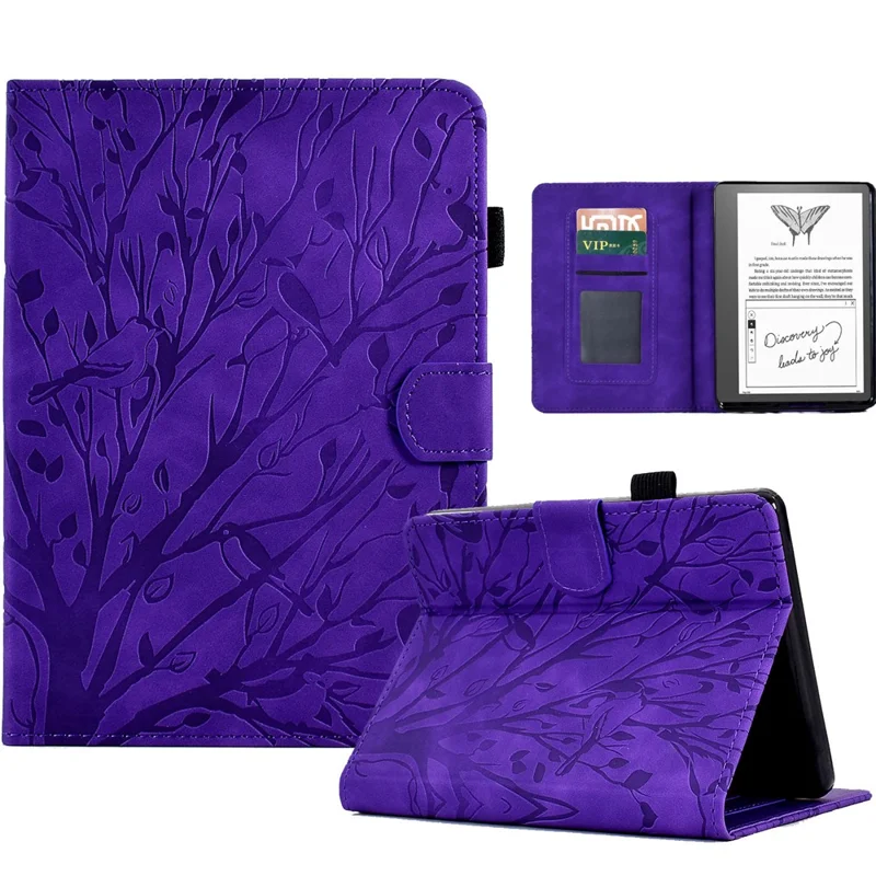 Funda de cuero para Amazon Kindle 11.ª (2024) / 6'' (2022), funda con estampado de árbol, soporte, ranura para tarjetas - Morado