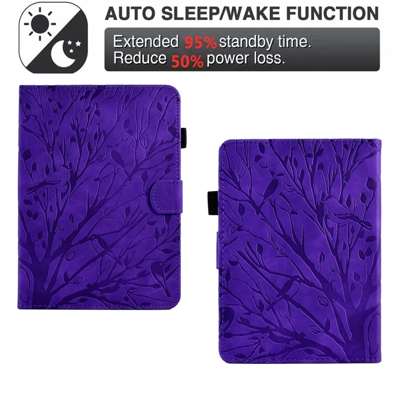 Funda de cuero para Amazon Kindle 11.ª (2024) / 6'' (2022), funda con estampado de árbol, soporte, ranura para tarjetas - Morado