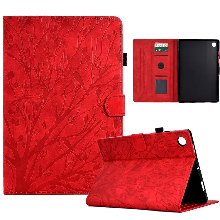 Per Lenovo Tab M10 (Gen 3) Custodia per Tablet con Albero Impresso in Pelle PU con Porta Carte Supporto - Rosso
