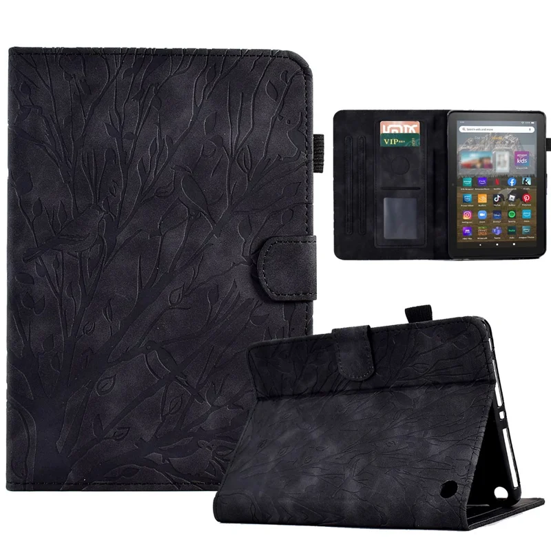 For Amazon Fire HD 8 (2020) / (2022) / HD 8 Plus (2020) / (2022) Card Holder Tablet Case Stand Imprinted Tree Leather Cover - Black