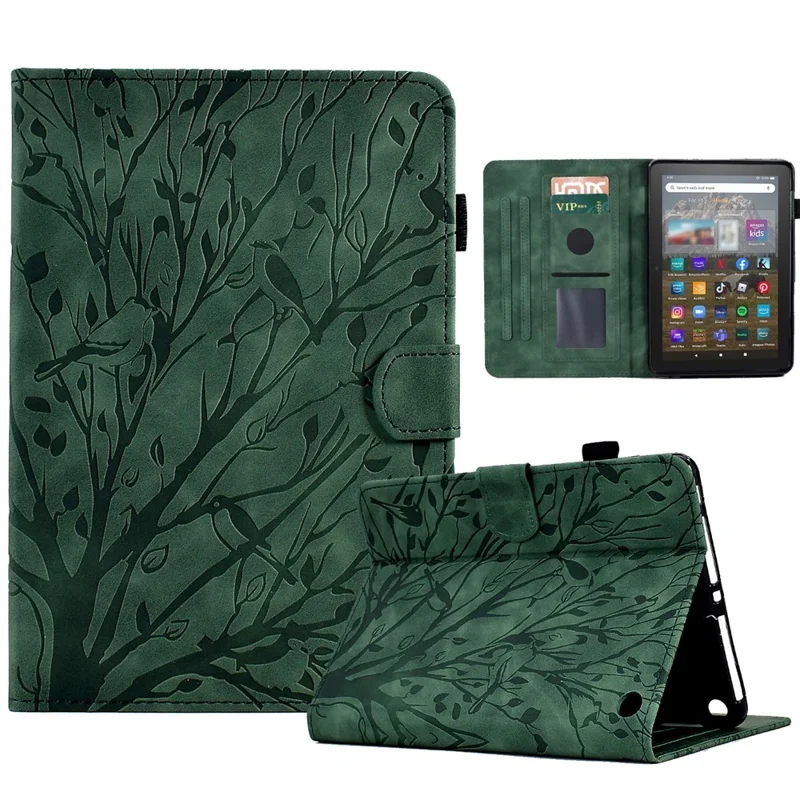 For Amazon Fire HD 8 (2020) / (2022) / HD 8 Plus (2020) / (2022) Card Holder Tablet Case Stand Imprinted Tree Leather Cover - Green
